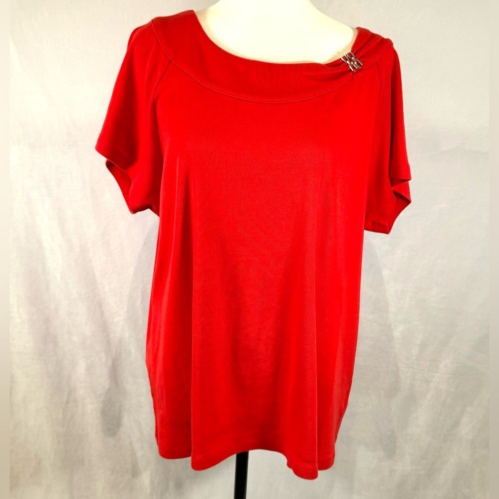 Rafaella 100% cotton red silver embellished short sleeve top size 3X